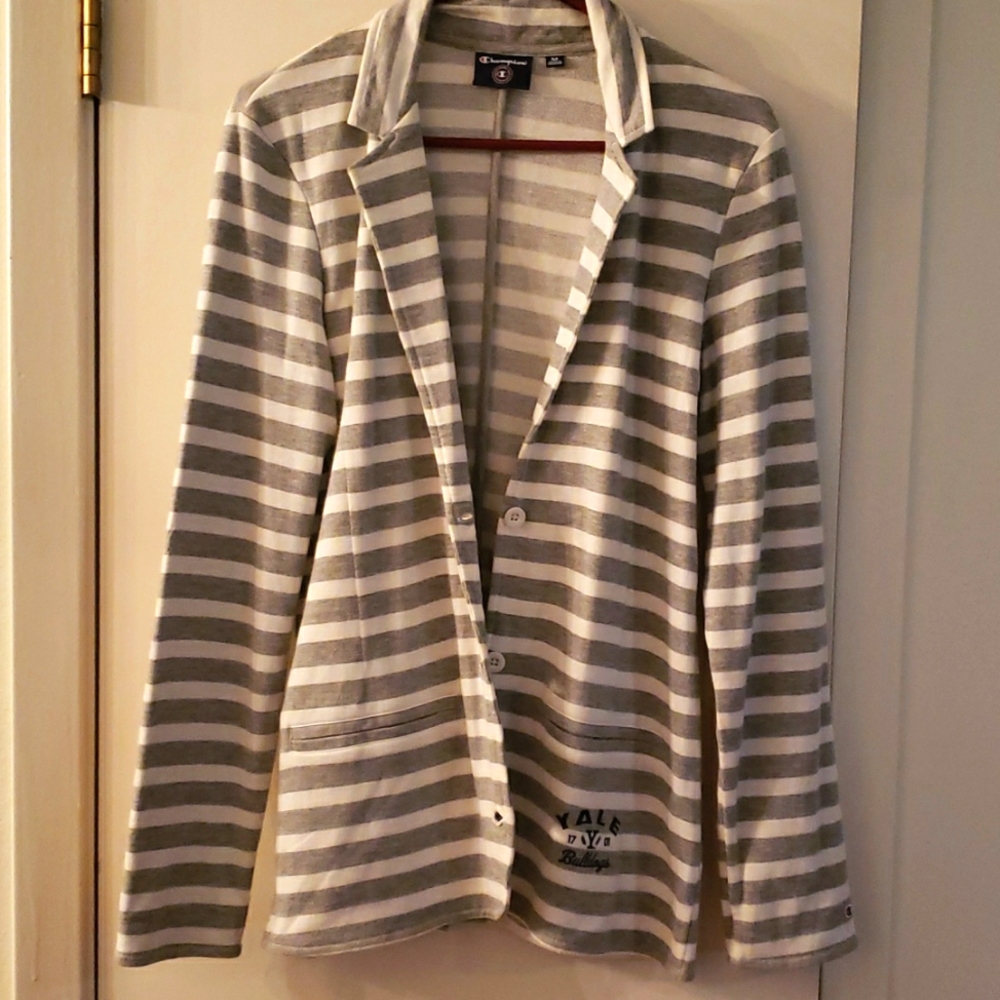 Champion cotton blend blazer style white and grey pin strip sail boat style coat